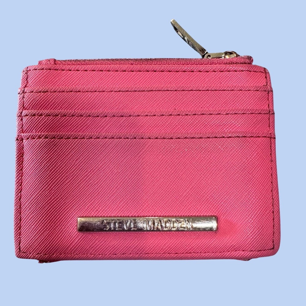 Steve Madden Saffiano Zip Card Holder Wallet OS Pink Snap Closure